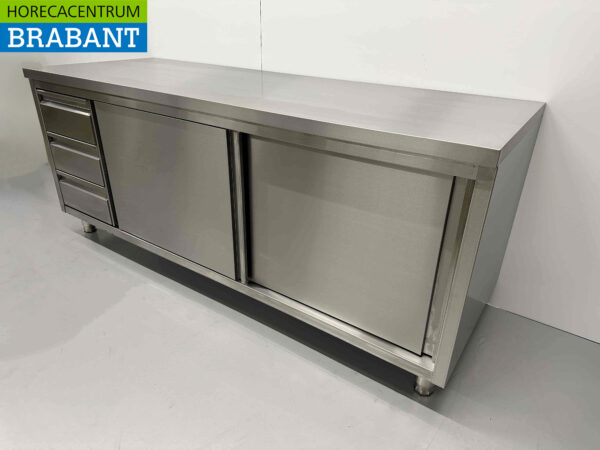Edelstahl Premium-line Schrank Arbeitstisch 2 Schiebetüren und 3 Schubladen 200 cm Catering – Bild 4