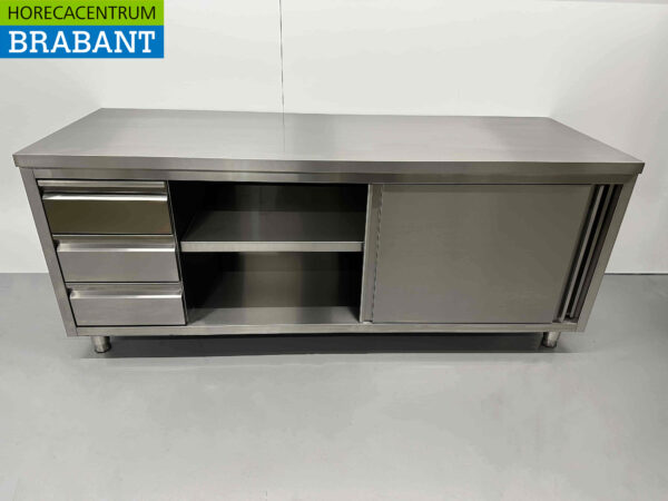 Edelstahl Premium-line Schrank Arbeitstisch 2 Schiebetüren und 3 Schubladen 200 cm Catering – Bild 5