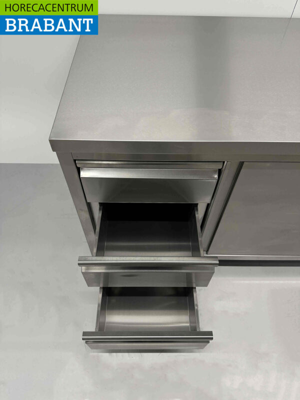 Edelstahl Premium-line Schrank Arbeitstisch 2 Schiebetüren und 3 Schubladen 200 cm Catering – Bild 6