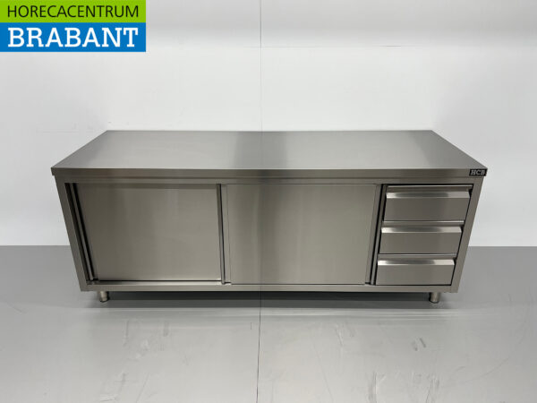 Edelstahl Premium-line Schrank Arbeitstisch 2 Schiebetüren und 3 Schubladen 200 cm Catering