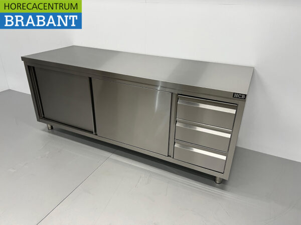 Edelstahl Premium-line Schrank Arbeitstisch 2 Schiebetüren und 3 Schubladen 200 cm Catering – Bild 2