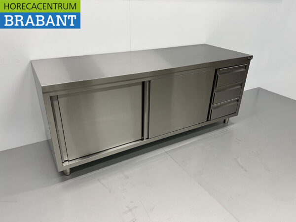 Edelstahl Premium-line Schrank Arbeitstisch 2 Schiebetüren und 3 Schubladen 200 cm Catering – Bild 3