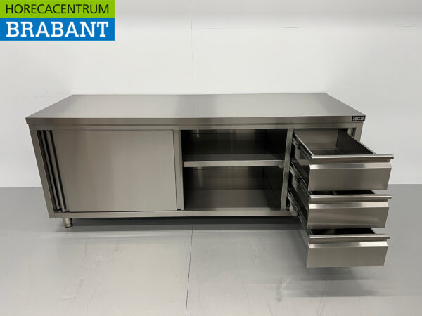 Edelstahl Premium-line Schrank Arbeitstisch 2 Schiebetüren und 3 Schubladen 200 cm Catering – Bild 4