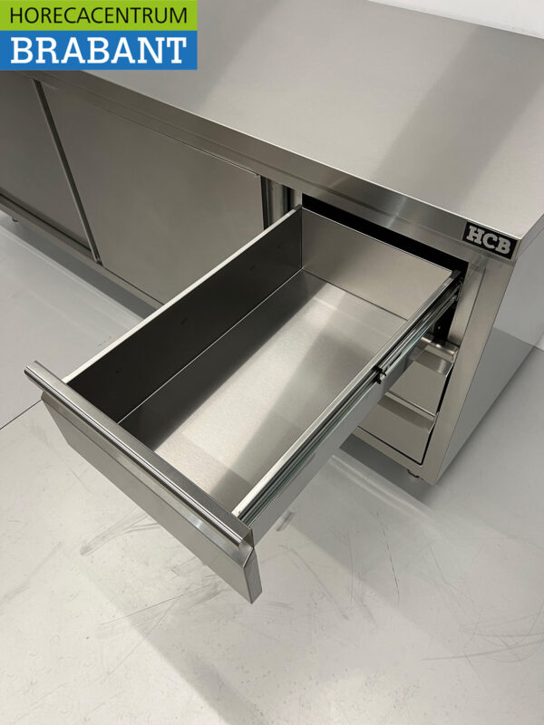 Edelstahl Premium-line Schrank Arbeitstisch 2 Schiebetüren und 3 Schubladen 200 cm Catering – Bild 5