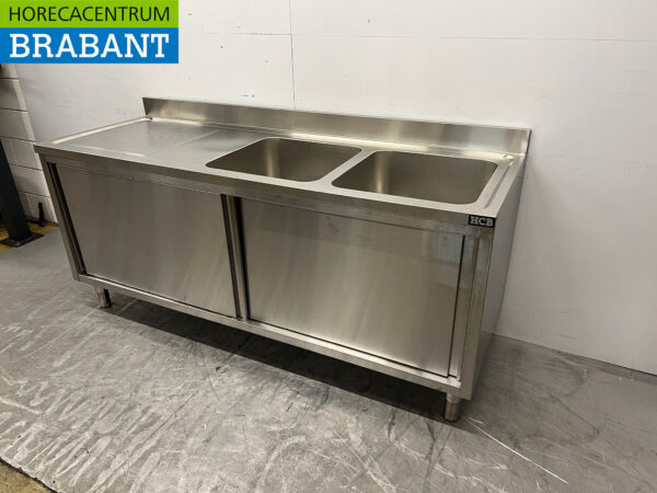 Spültisch aus Edelstahl Doppelspülen 2 Schiebetüren 200 cm 230V Horeca – Bild 2