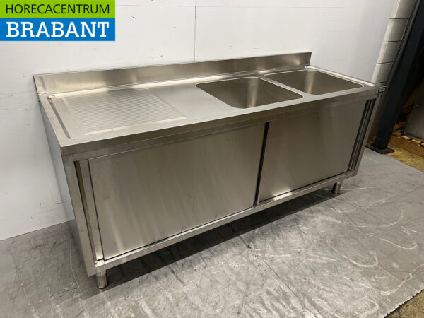 Spültisch aus Edelstahl Doppelspülen 2 Schiebetüren 200 cm 230V Horeca – Bild 3