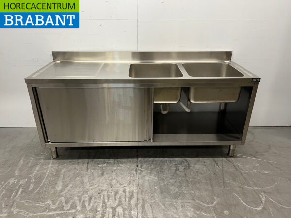 Spültisch aus Edelstahl Doppelspülen 2 Schiebetüren 200 cm 230V Horeca – Bild 4