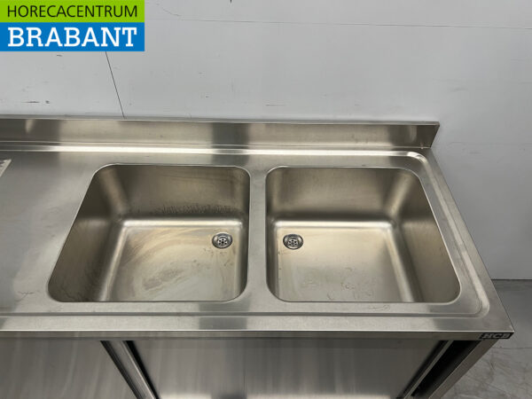 Spültisch aus Edelstahl Doppelspülen 2 Schiebetüren 200 cm 230V Horeca – Bild 5