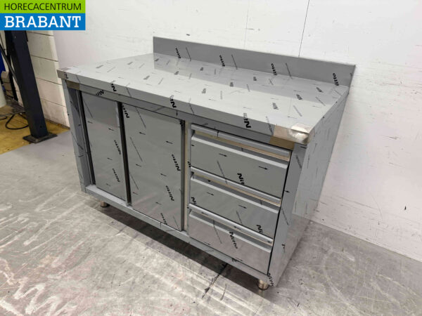 HCB Edelstahl Arbeitsschrank Schrank Arbeitstisch 2 Flügeltüren und 3 Schubladen 120 cm Premium-line Horeca (kopie) – Bild 3