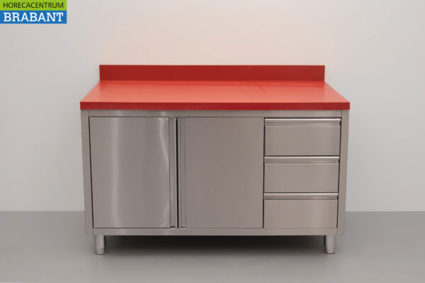 HCB Edelstahl Polyethylen PE Arbeitsschrank Schrank Schneidetisch 2 Flügeltüren 3 Schubladen 140 cm Gastronomie Metzgerei