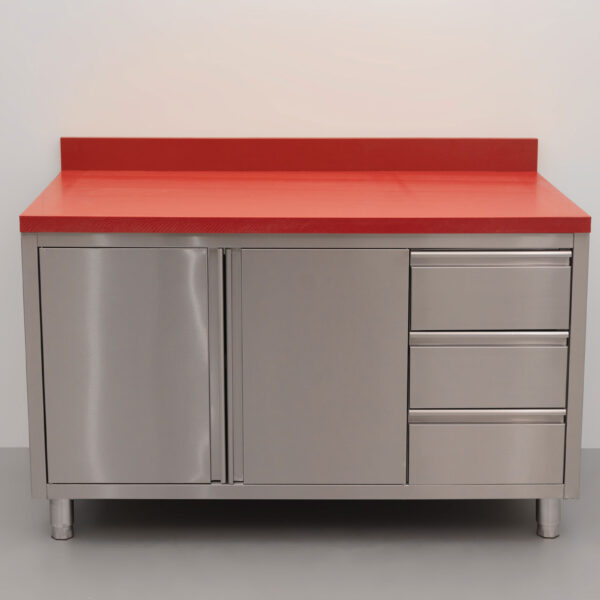 HCB Edelstahl Polyethylen PE Arbeitsschrank Schrank Schneidetisch 2 Flügeltüren 3 Schubladen 140 cm Gastronomie Metzgerei
