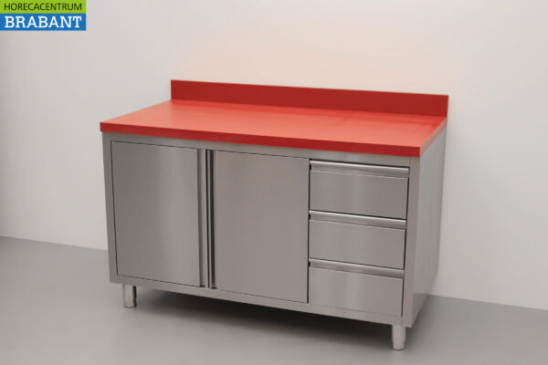 HCB Edelstahl Polyethylen PE Arbeitsschrank Schrank Schneidetisch 2 Flügeltüren 3 Schubladen 140 cm Gastronomie Metzgerei – Bild 2