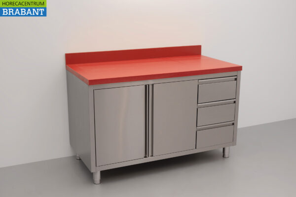 HCB Edelstahl Polyethylen PE Arbeitsschrank Schrank Schneidetisch 2 Flügeltüren 3 Schubladen 140 cm Gastronomie Metzgerei – Bild 3