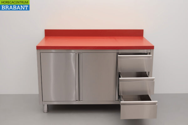 HCB Edelstahl Polyethylen PE Arbeitsschrank Schrank Schneidetisch 2 Flügeltüren 3 Schubladen 140 cm Gastronomie Metzgerei – Bild 4