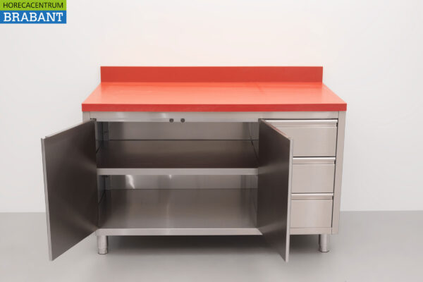 HCB Edelstahl Polyethylen PE Arbeitsschrank Schrank Schneidetisch 2 Flügeltüren 3 Schubladen 140 cm Gastronomie Metzgerei – Bild 5