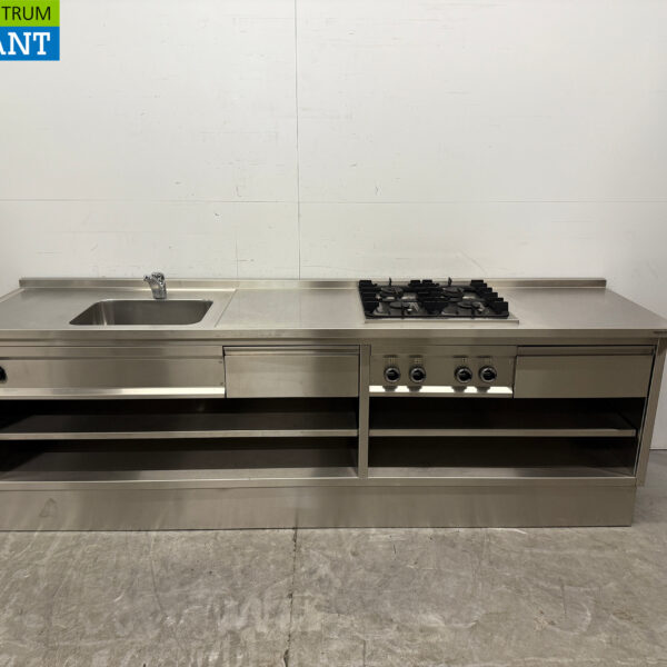 Edelstahl-Arbeitstisch mit Herd und Spüle 280 cm Horeca