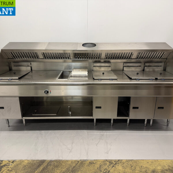 RVS Pitco SE14S Solstice Backwand 4x Fritteuse und Bain-Marie/Bratwärmer mit Haube 400V + 230V Horeca Cafeteria