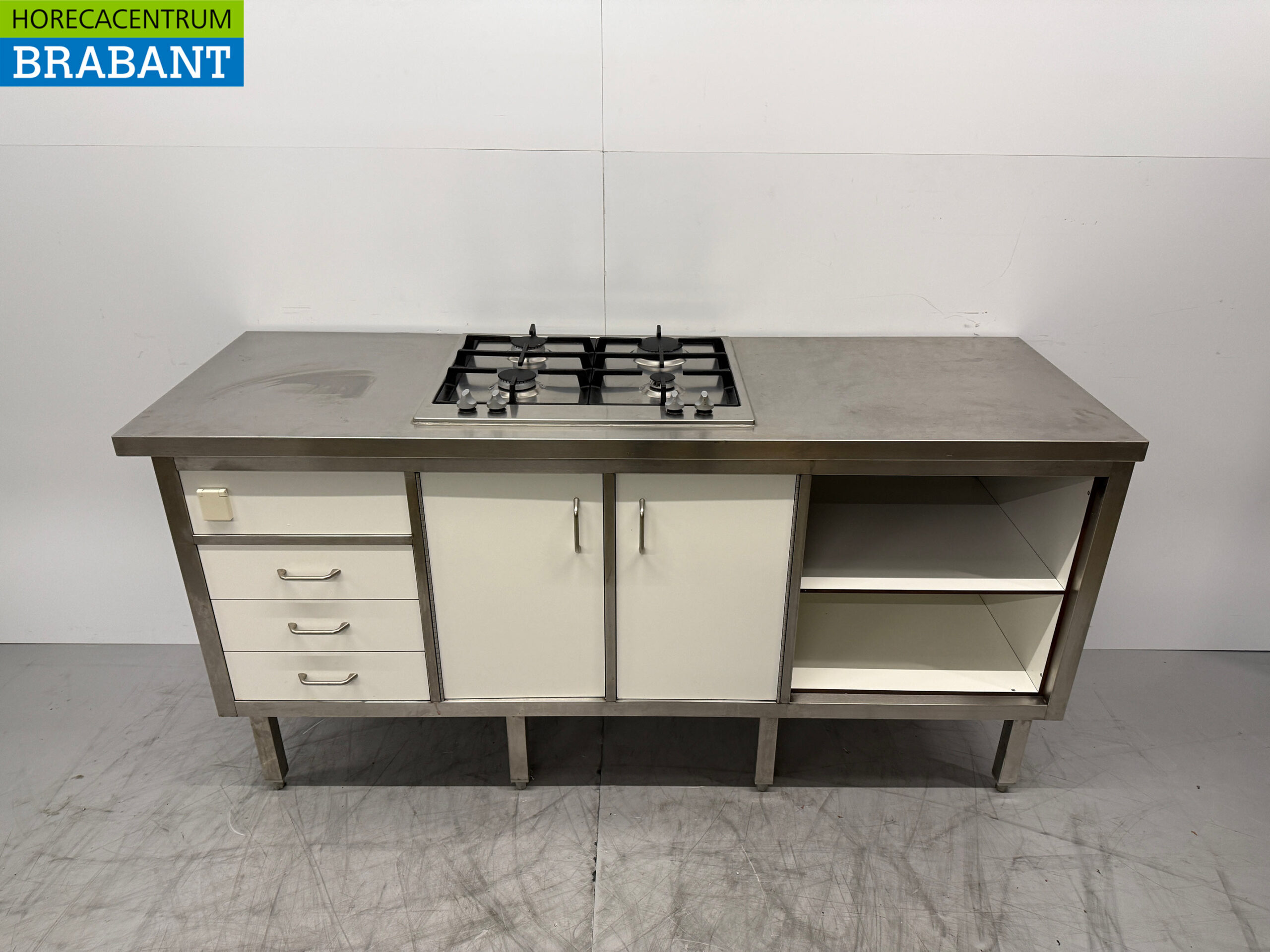 Edelstahl-Arbeitsschrank mit 4-Flammen-Herd mit Trespa-Türen und Schubladen 180 cm Horeca