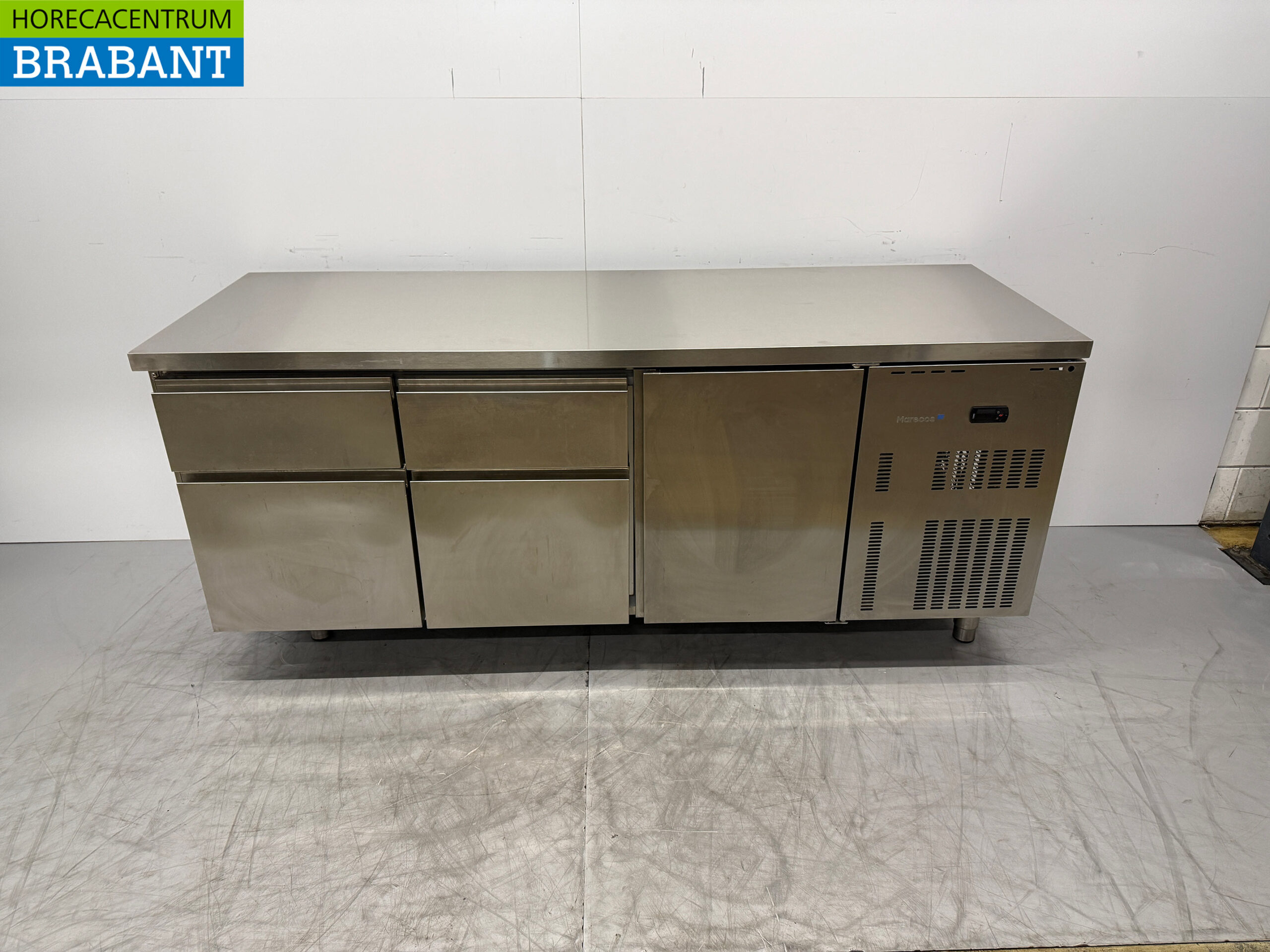 Marecos Edelstahl gekühlte Werkbank 4 Schubladen und 1 Tür 200 cm 230V Horeca