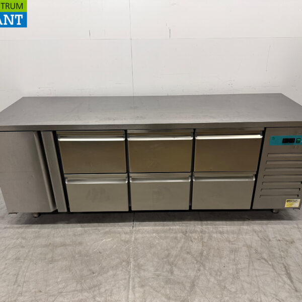 Edelstahl Topcold Gekühlte Werkbank 1 Tür und 6 Schubladen 224,5 cm Horeca