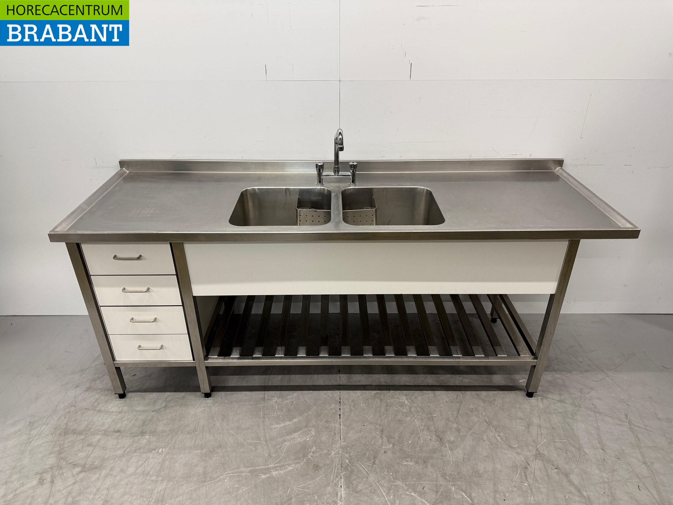 Edelstahl Doppelspültisch mit Wasserhahn 215 x 70 x 90 cm Catering