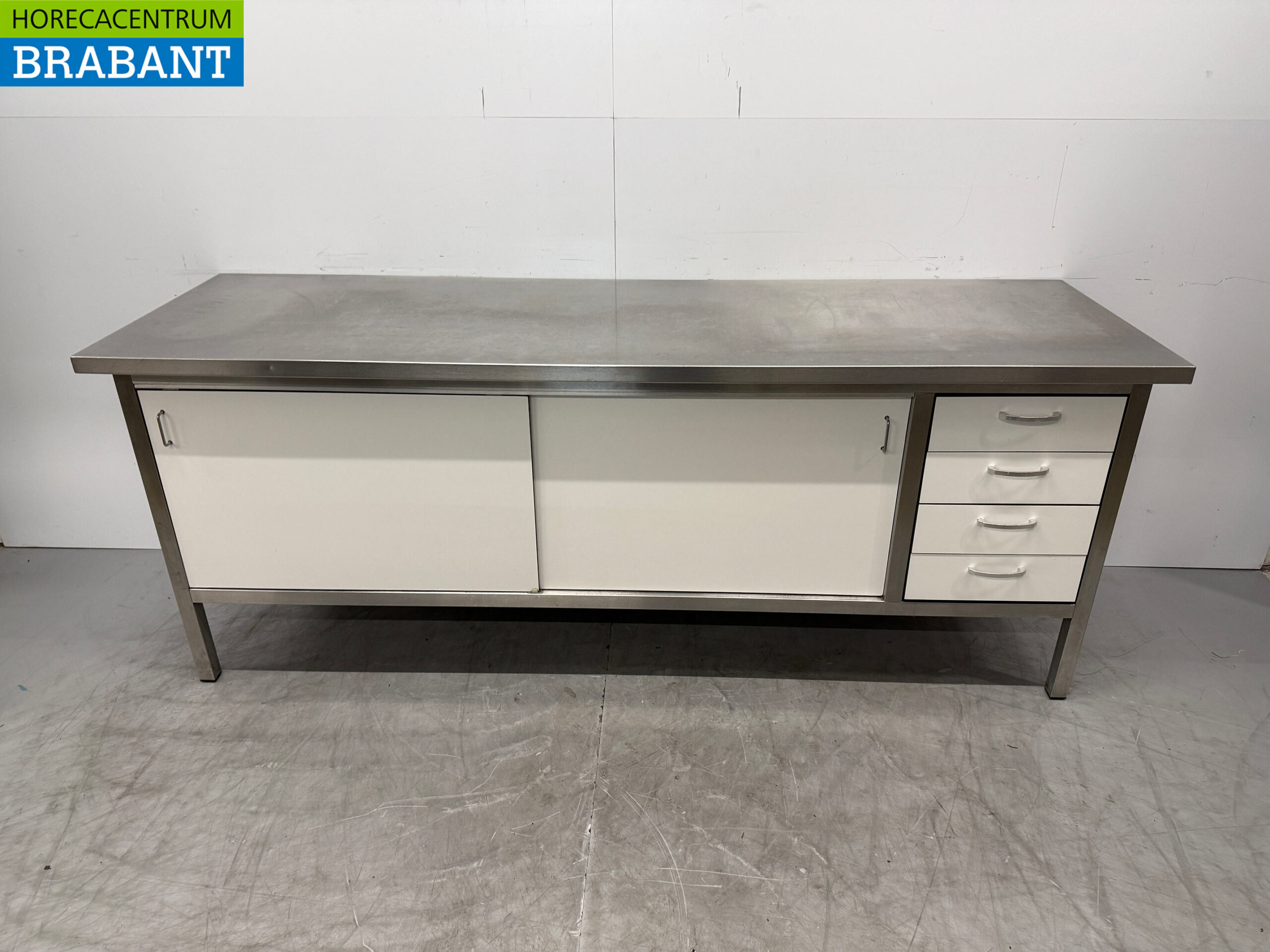 Edelstahl Arbeitsschrank 2 Schiebetüren 4 Schubladen 230 x 70 x 90 cm Catering