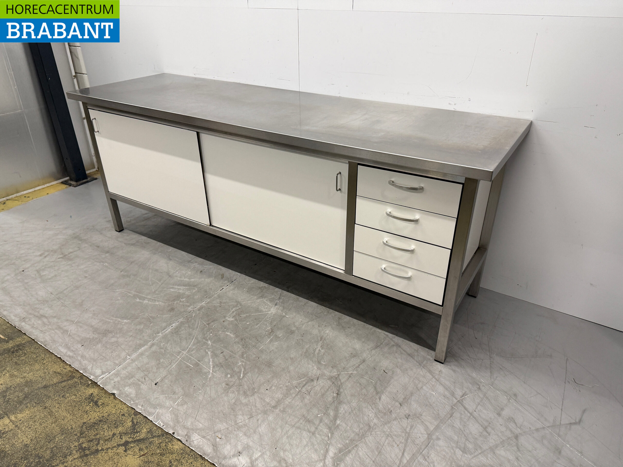 Edelstahl Arbeitsschrank 2 Schiebetüren 4 Schubladen 230 x 70 x 90 cm Catering – Bild 2