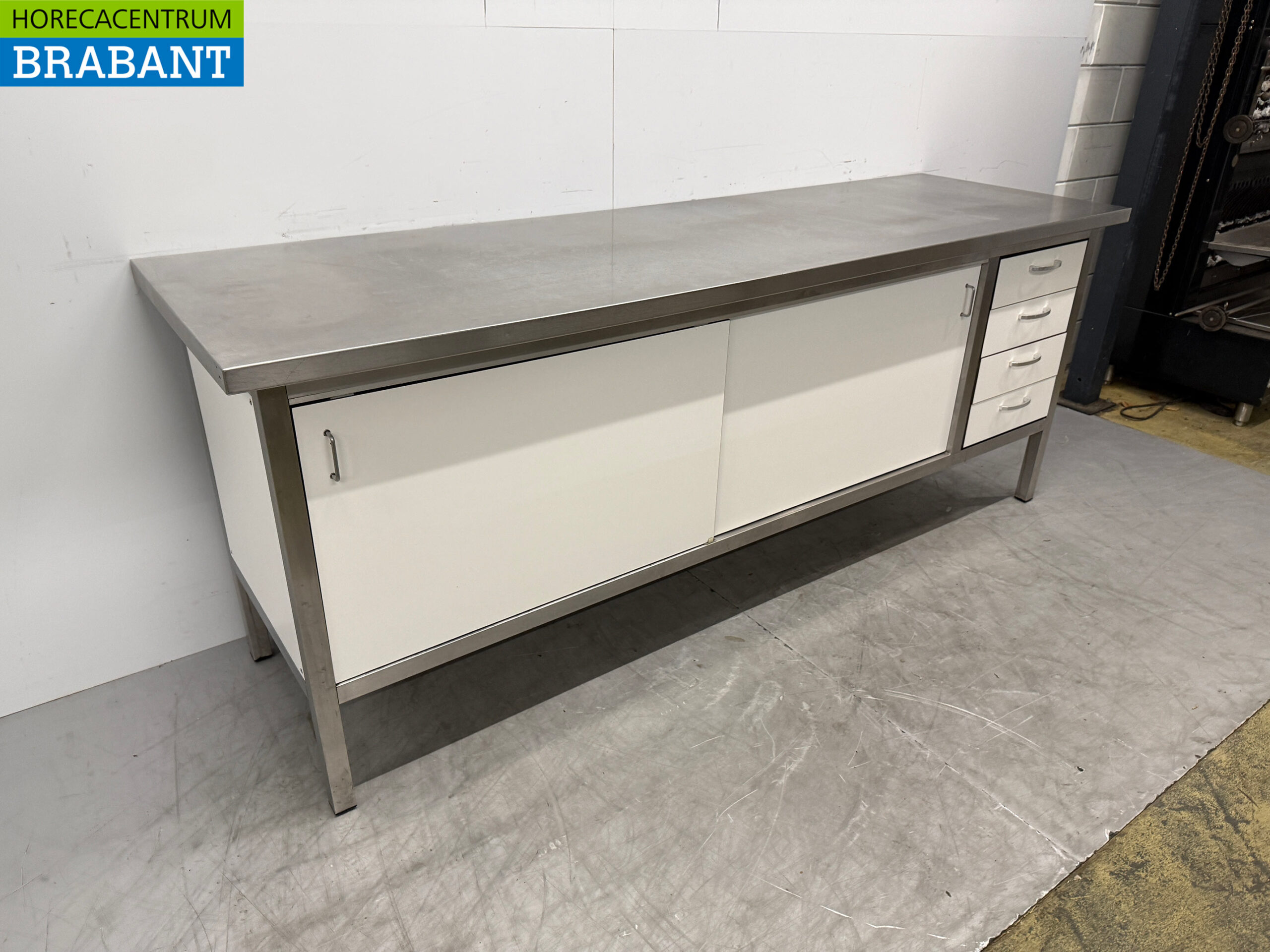 Edelstahl Arbeitsschrank 2 Schiebetüren 4 Schubladen 230 x 70 x 90 cm Catering – Bild 3