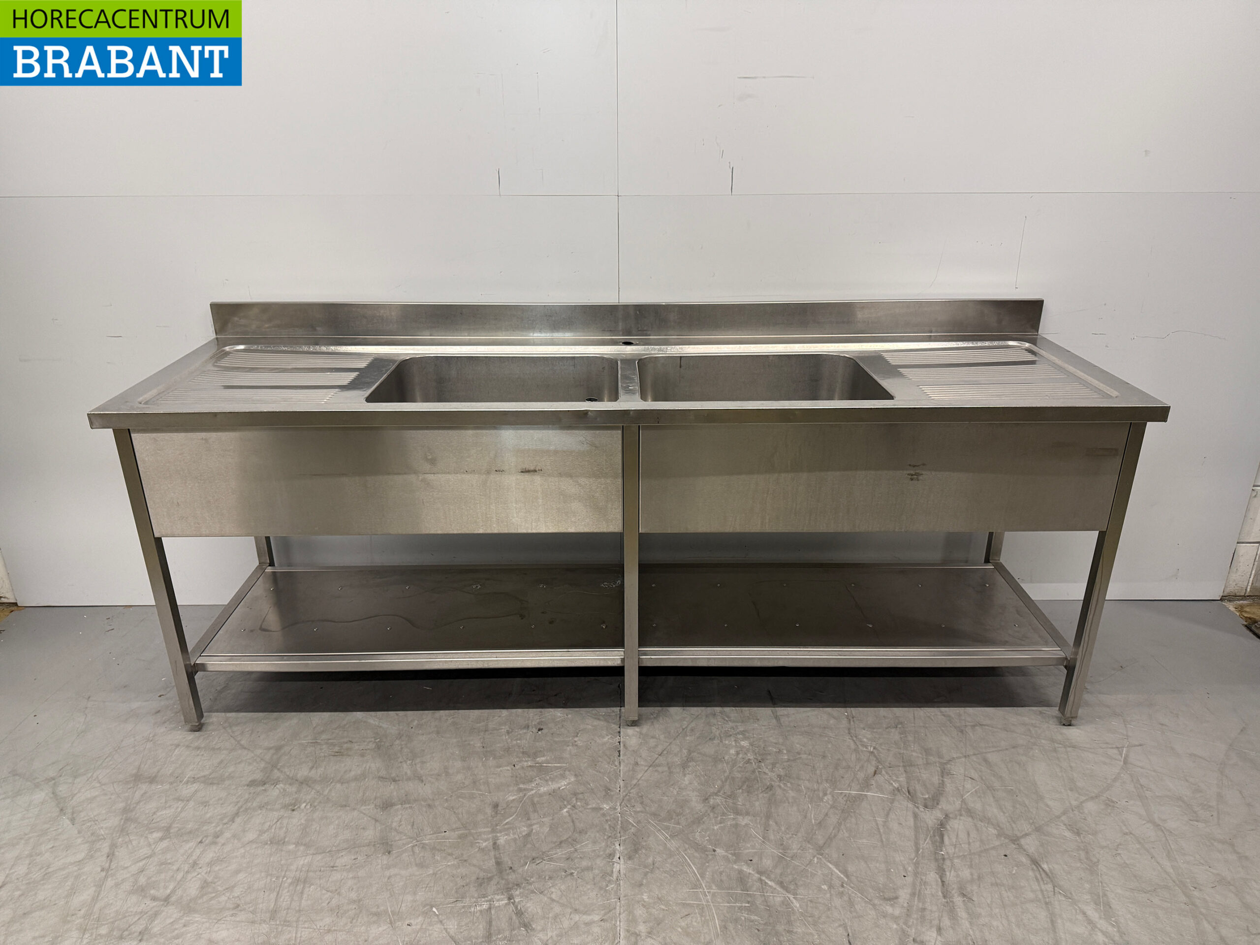 Edelstahl-Spültisch Doppelspüle mit Unterregal 240 x 70 x 91 cm Catering