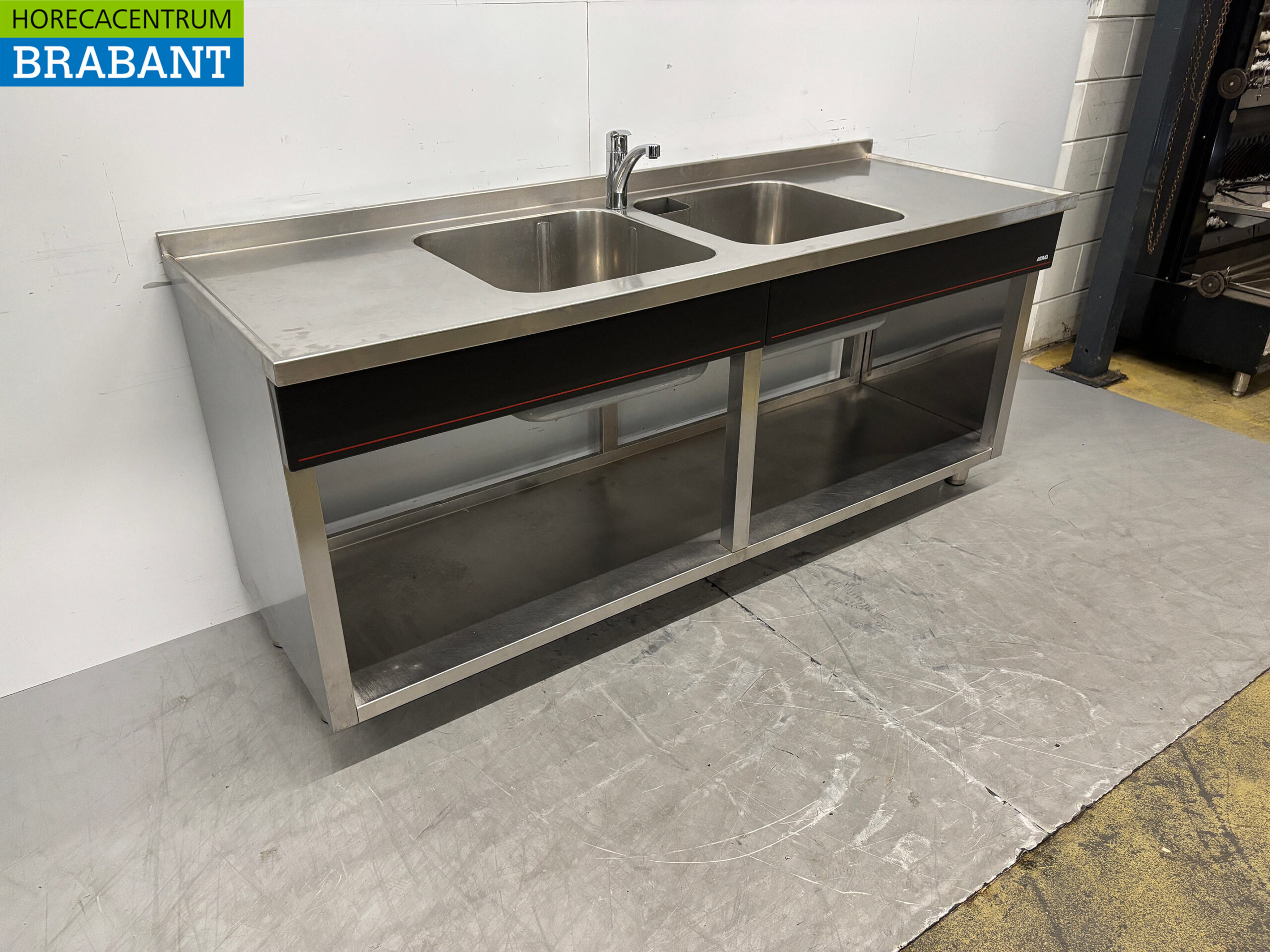 Edelstahl-Spülbecken mit zwei Becken und Wasserhahn, 200 x 70 x 88 cm, Gastronomie – Bild 3