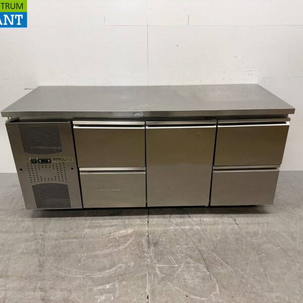 Edelstahl-Kühlarbeitsbank „Pro Line“ mit 1 Tür und 4 Schubladen, 184 cm, 230 V, Gastronomie