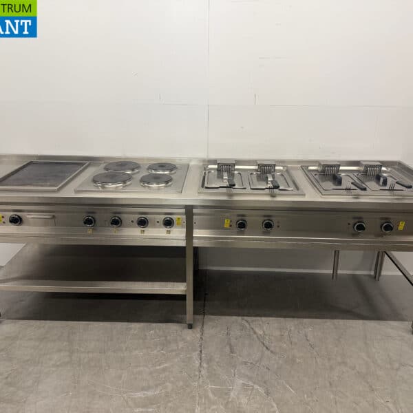 Edelstahl-Mareno-Backlinie, Backblech, 4-Flammen-Elektroherd, 2 x Doppel-Fritteuse (4 x 12 Liter), 289 cm, 4 x 400 V, Gastronomie